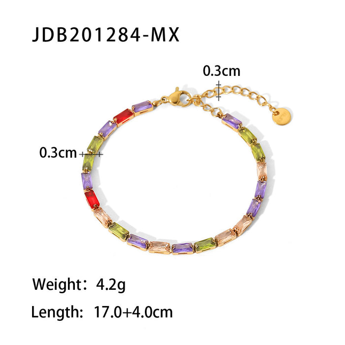 Nuevo conjunto de pulsera y collar de acero inoxidable bañado en oro de 18 quilates: colgantes de circonitas cuadradas y multicolores