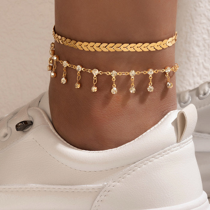 Crystal Tassel Double-Layer Anklet with Geometric Airplane Chain Design