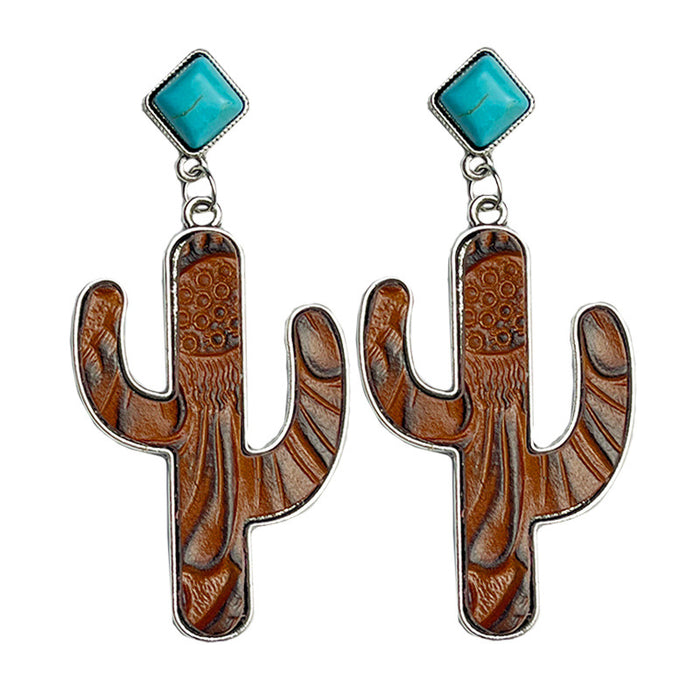 Vintage Cactus Leather Earrings with Turquoise Design