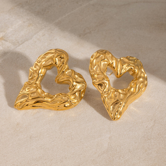 Stainless steel hammered heart earrings 18K gold earrings