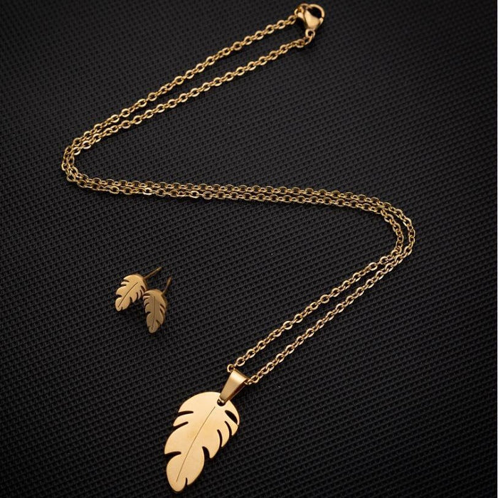 18K gold feather pendant necklace, new modern style small fresh leaf earrings jewelry set ins style