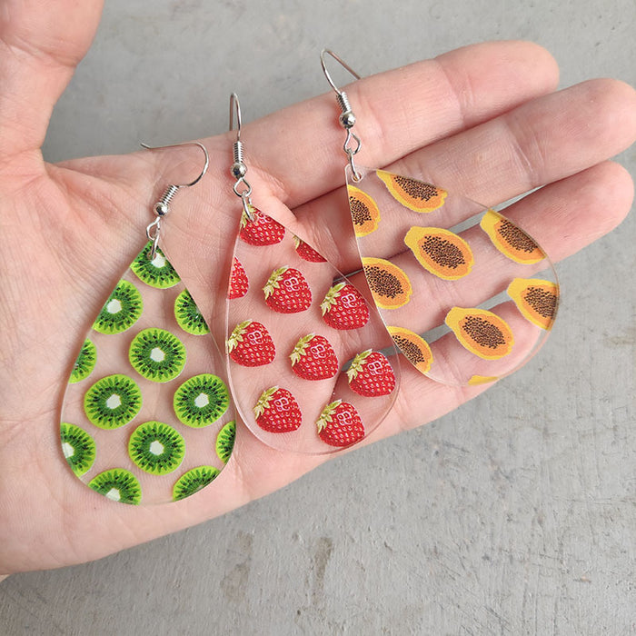 Teardrop Transparent Summer Fruit Earrings with Avocado, Strawberry, Papaya, and Kiwi Designs