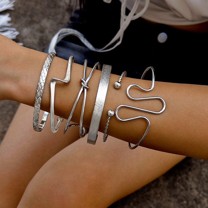 Vintage Silver Twisted Cuff Bracelet Six-Piece Set - Ethnic Geometric Jewelry