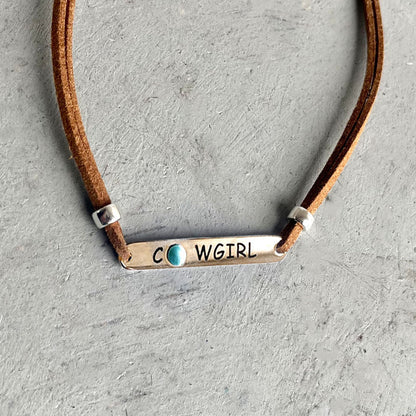 Minimalist Western Cowboy Necklace with Geometric Turquoise Pendant on Leather Cord