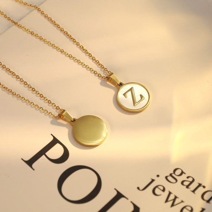 Round shell letter necklace, 18K stainless steel clavicle chain wholesale