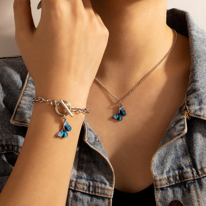 Blue Butterfly Jewelry Set - Animal Geometric Bracelet Necklace Combo