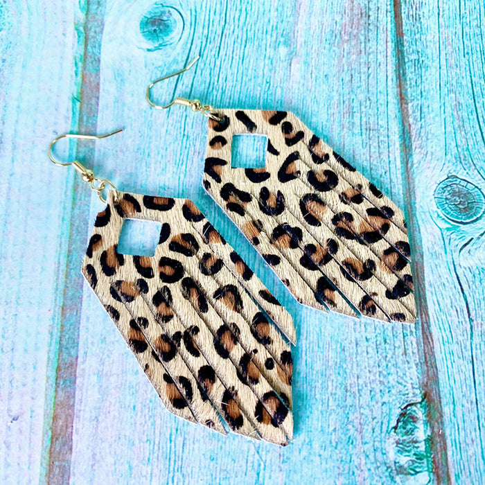 Bohemian Tassel Earrings with Leopard Print and Gold Dots on Cowhide Leather