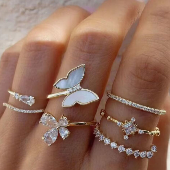 Diamond-studded butterfly water drop ring five-piece set light luxury style oil drop butterfly ring