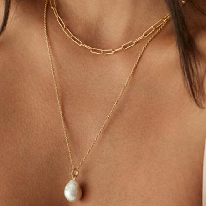 Style 18K Gold-Plated Stainless Steel Pearl Necklace - Double Layer Chain with Return Link Design