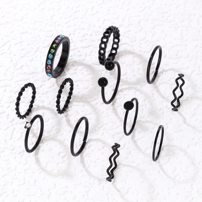 Black diamond twisted joint ring, geometric simple disc wave pattern twelve-piece set