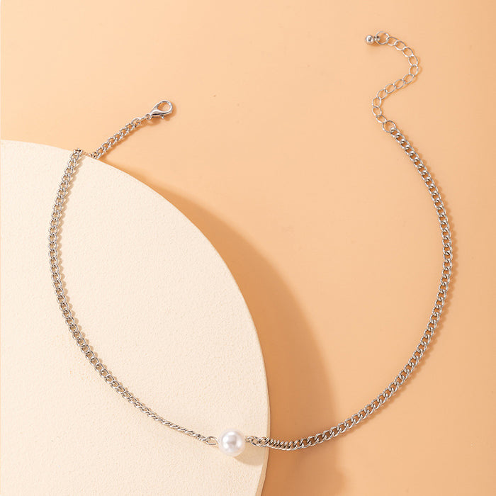 Simple Pearl Pendant Necklace - Geometric Chain with Irregular Details