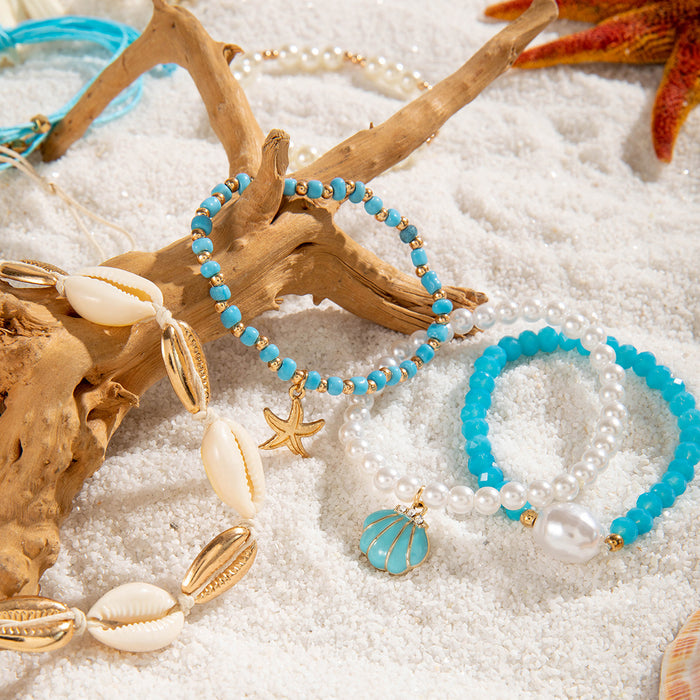 Bohemian Shell and Beaded Bracelet Set - Ocean Style Women's Jewelry with Faux Pearls and Starfish