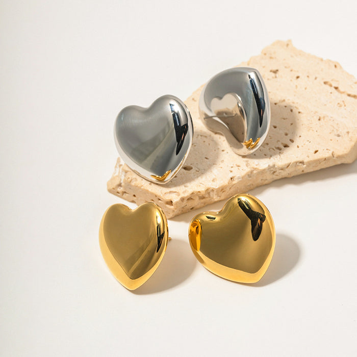 18K Gold Stainless Steel Heart Earrings - Polished Unique Design Jewelry