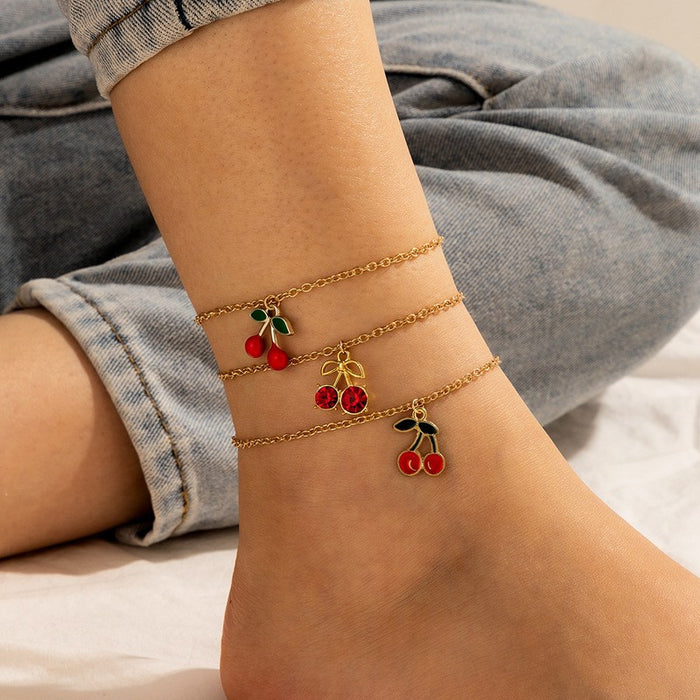 Cherry Red Beaded Triple Anklet Set - Fashionable Fruit-Inspired Ankle Bracelets