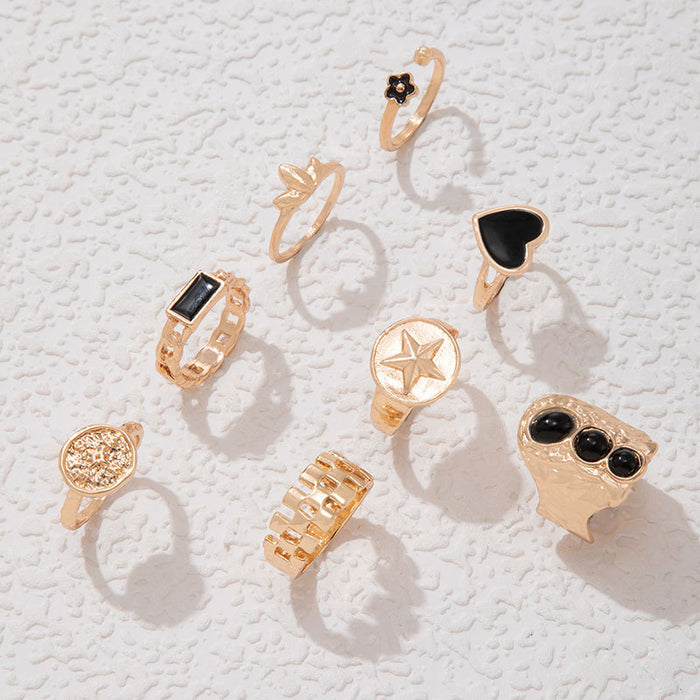 Dark Vintage Metal Love Heart Oil Drop Eight-Piece Ring Set
