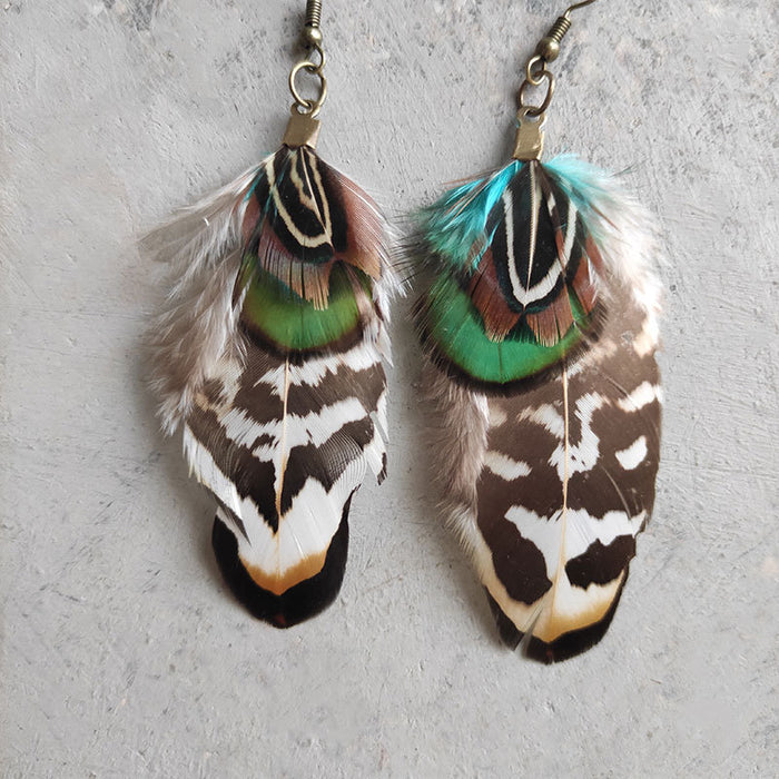 Bohemian Feather Earrings with Multi-Layer Green Leopard Feather Design