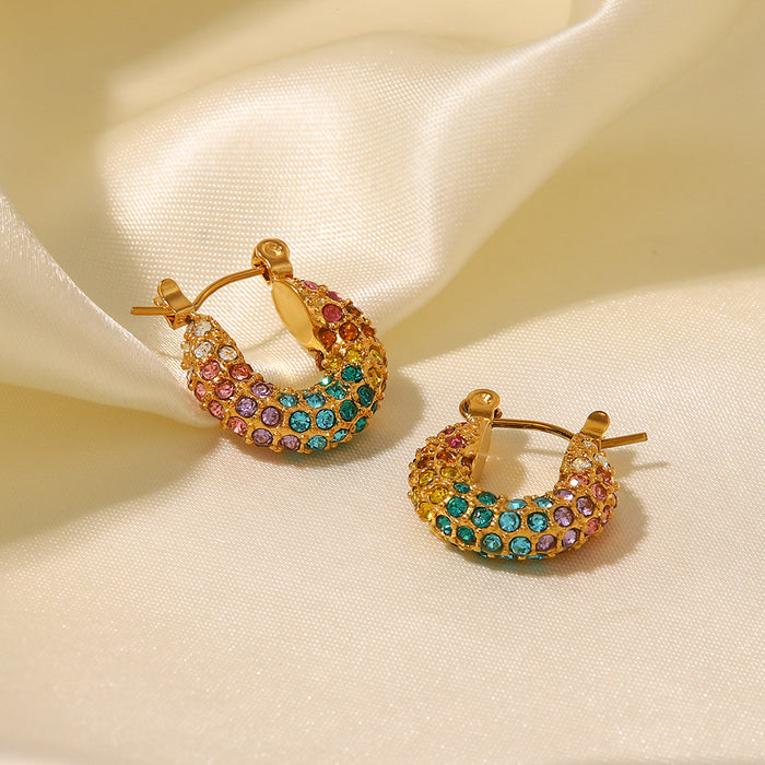 European Style New 18K Gold-Plated Full Pave Rainbow Zircon Earrings - Fashionable Jewelry for Women