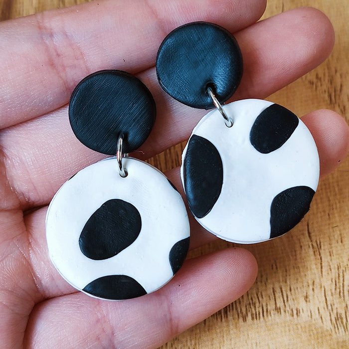 Handmade Cow Print Clay Earrings - Elegant and Simple Retro Jewelry