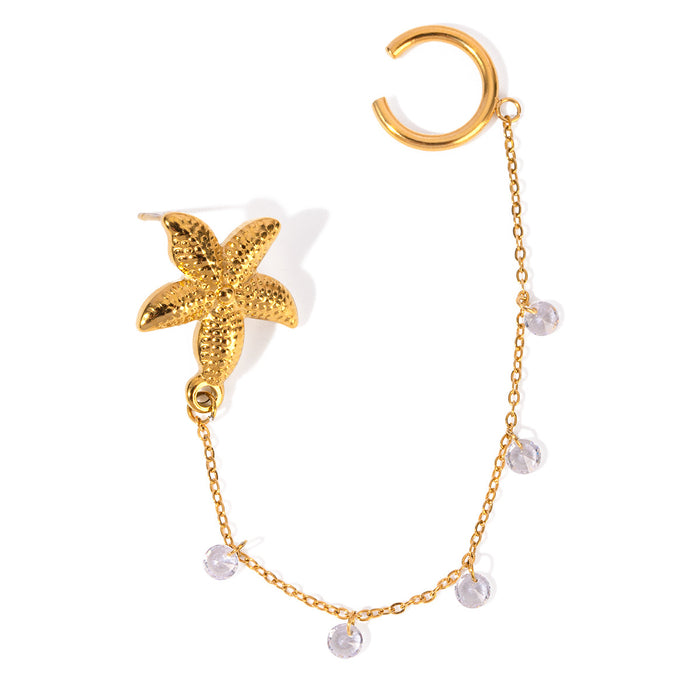 Pendientes con clip de acero inoxidable bañados en oro de 18 quilates con diamantes de imitación y estrellas de mar: joyería de acero de titanio de la serie Summer Ocean