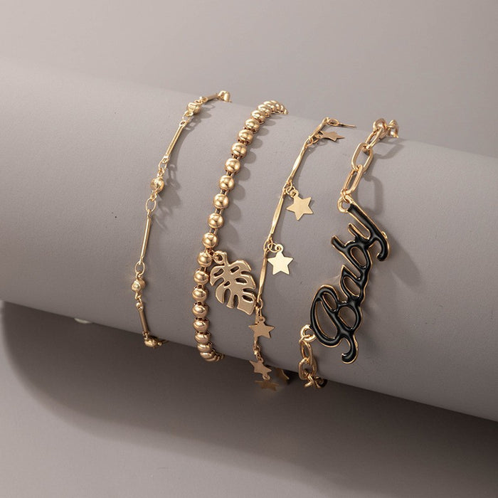 Letter Enamel Chain Bracelet - Hollow Leaf Star Round Multi-Layer Bracelet