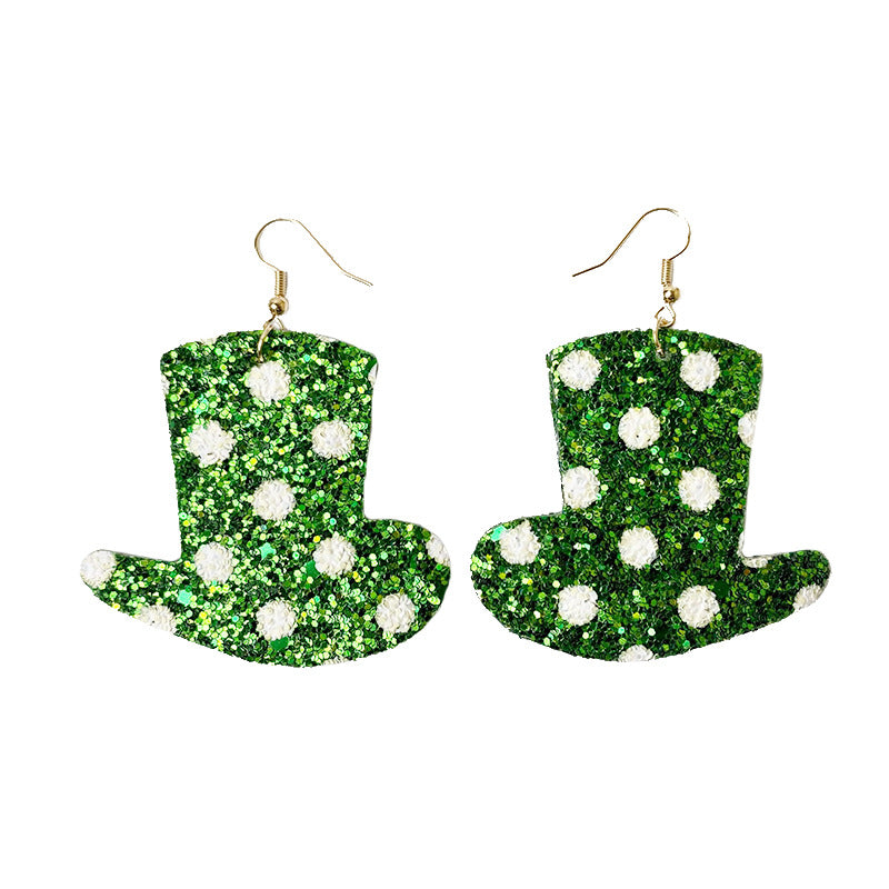 St. Patrick's Day Glitter Earrings with Green Polka Dot and Flower Hat - wallojewerly 