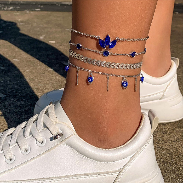 Blue Gemstone Leaf Multi-Layer Anklets - Luxe Eye Tassel Foot Jewelry