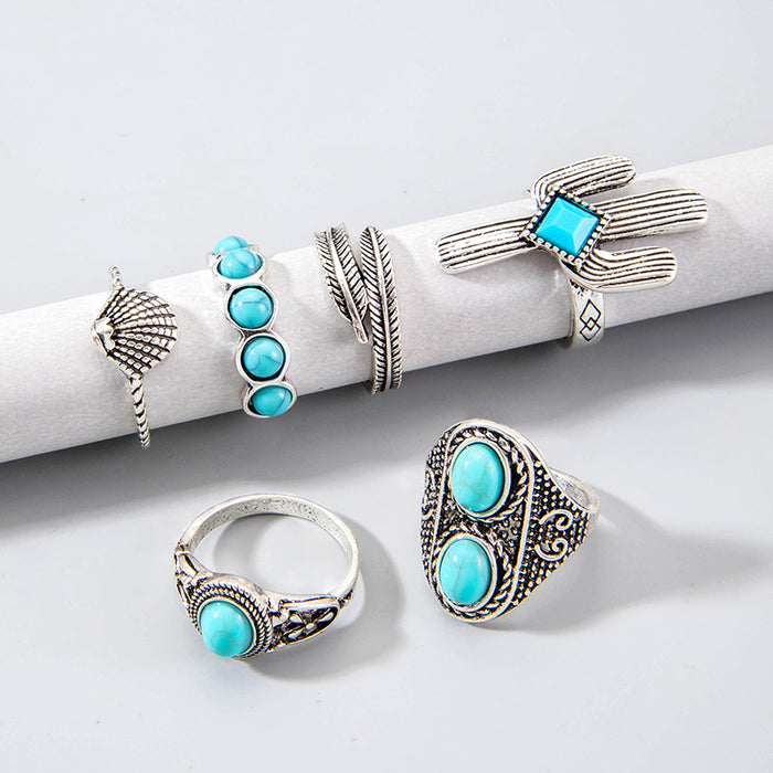 Bohemian Ring Set - 6pcs Vintage Flower Turquoise Rings