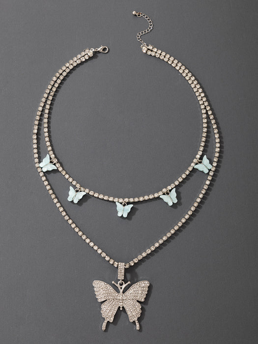 Diamond Butterfly Double Layer Necklace with Imitation Mother of Pearl Multi-Layer Design