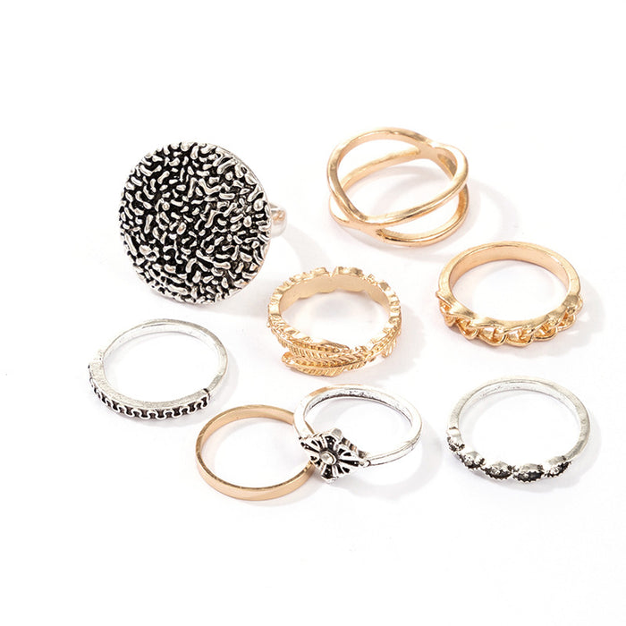 Exaggerated retro gold and silver mixed color geometric ethnic style ring 8-piece set