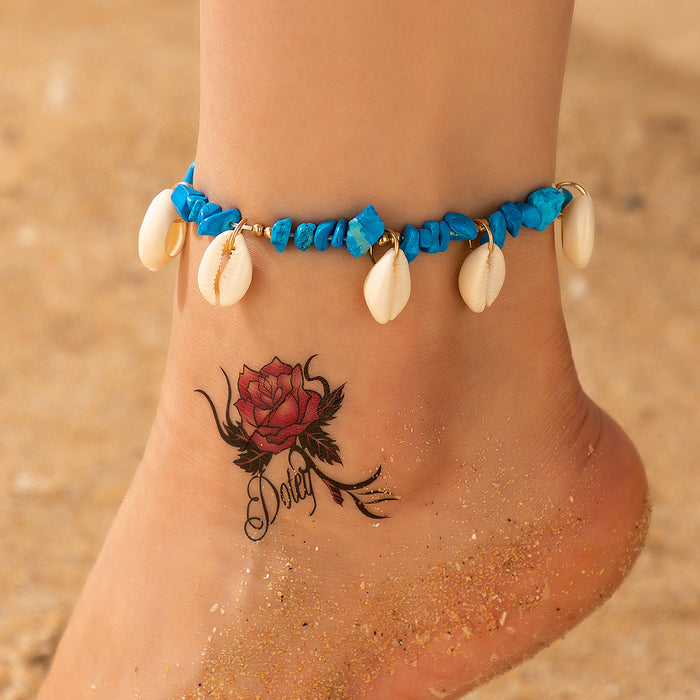 Bohemian-Style Shell and Pebble Anklet with Geometric Bead Design