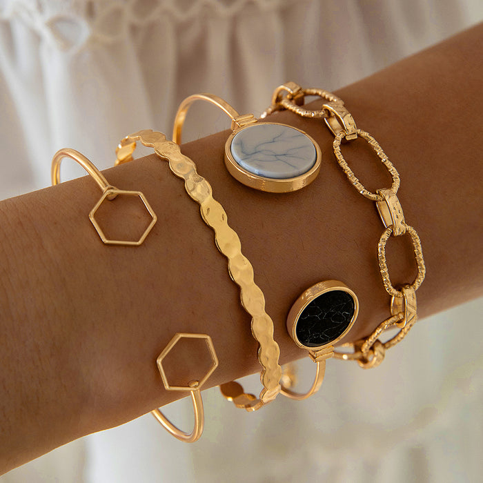 Simple Wide Bracelet Set - Geometric Round Bangle Jewelry