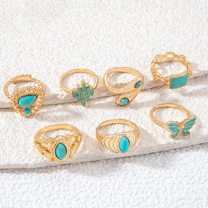 Bohemian Turquoise Snake Eye Ring Set - 7pcs Enamel Butterfly Rings