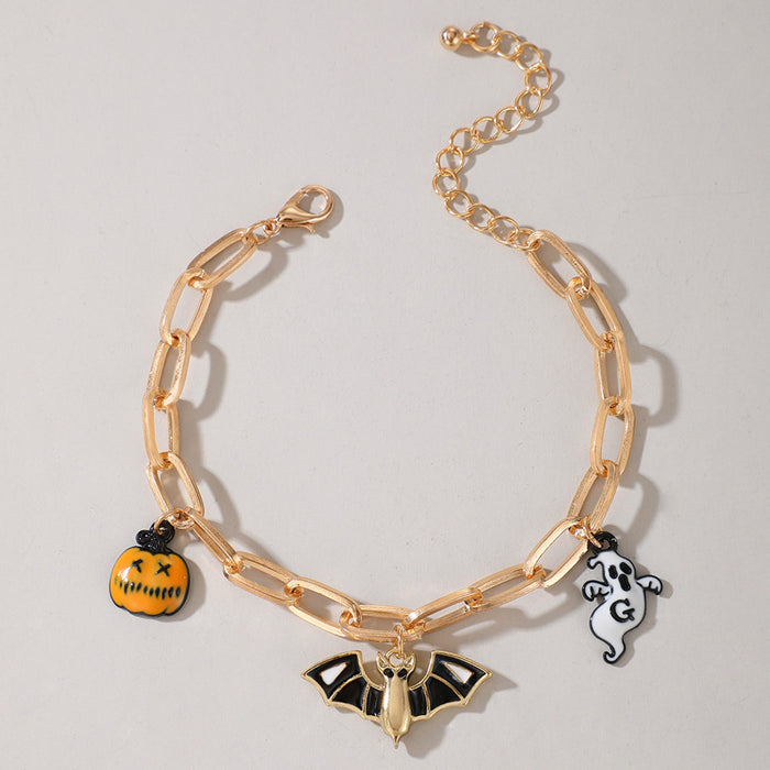 Halloween Pumpkin Enamel Anklet with Cat and Ghost Bead Charm