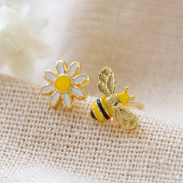 Small daisy earrings asymmetrical bee earrings