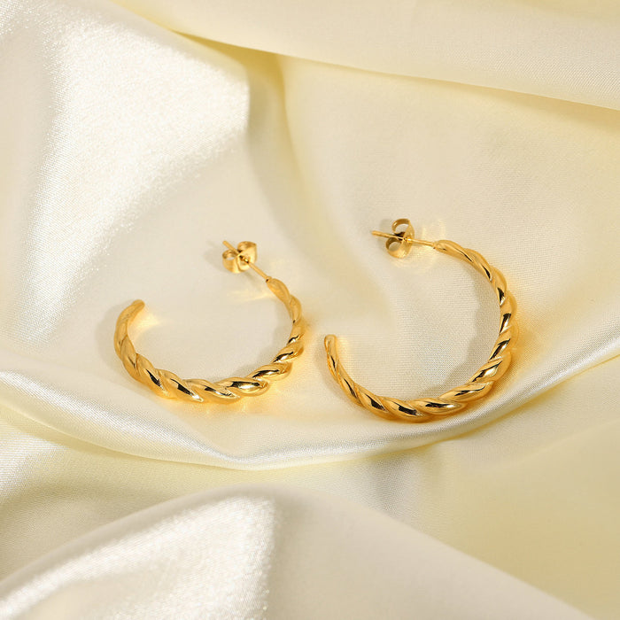 Trending European Braided Horn Hoop Earrings - 18K Gold Plated Stainless Steel Non-Fading Jewelry for Women