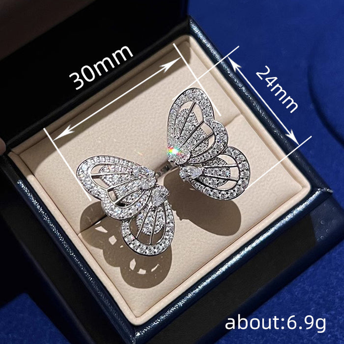 Micro-inlaid zirconium butterfly ring exquisite high-end open adjustable women's ring