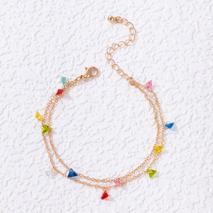 Colorful Gemstone Double-Layer Anklet with Geometric Heart Pendant