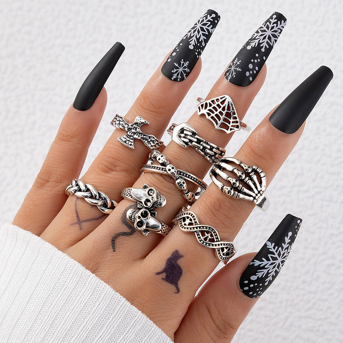 Gothic Skull Ring Set - 8-Piece Animal and Heart Rings for Women