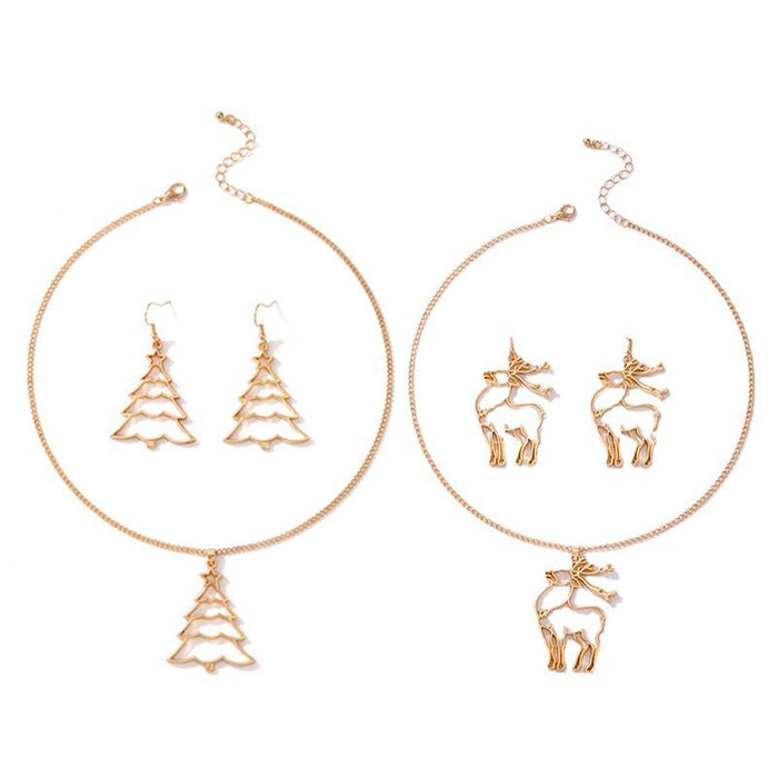 Christmas Tree Hollow Gold Jewelry Set with Reindeer Earrings and Necklace