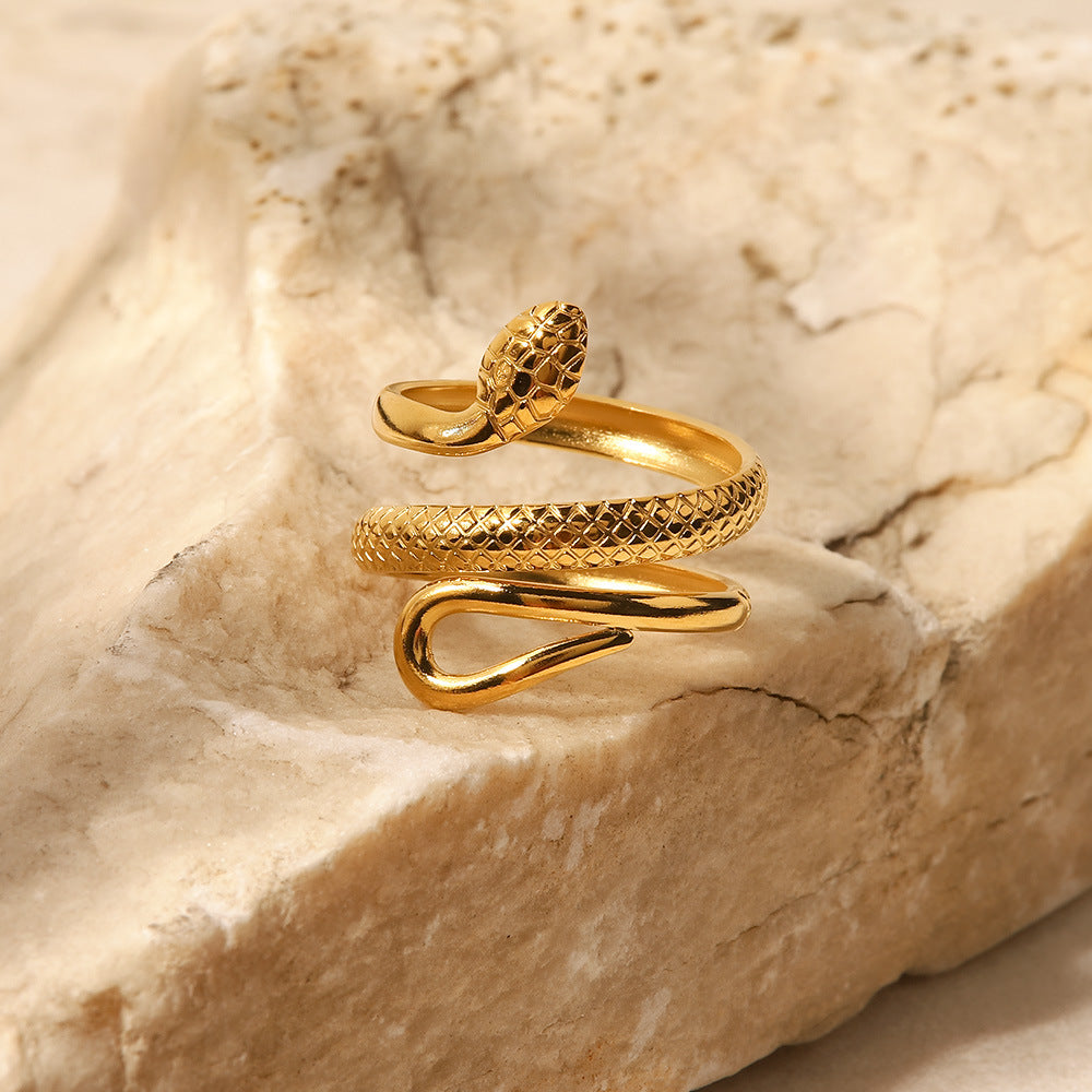 Classic 18K Gold Plated Snake Design Ring - Adjustable Hollow Stainless Steel Jewelry