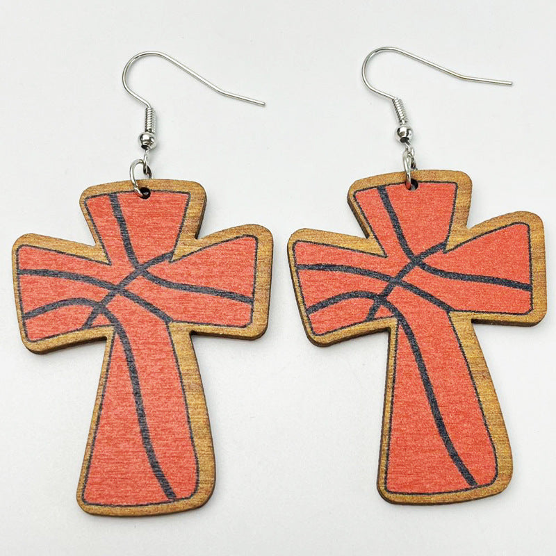 Wooden Cross Ball Earrings