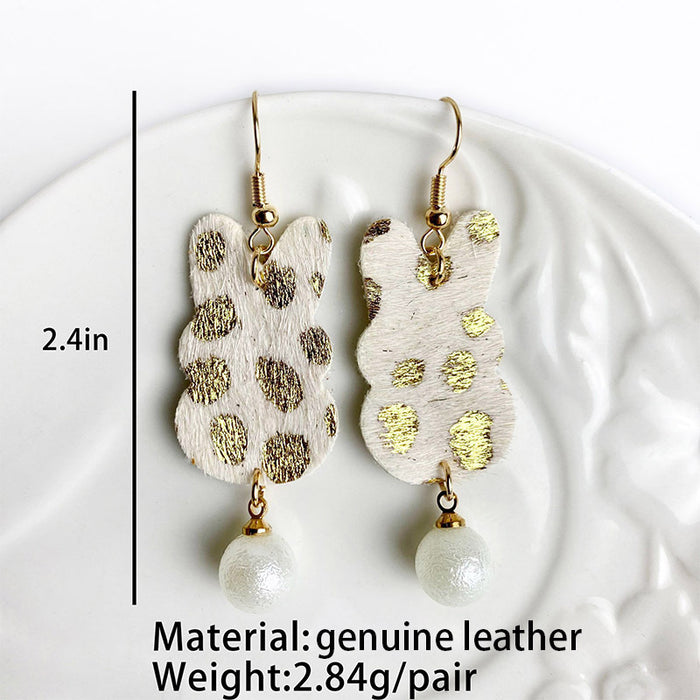 Easter Bunny Earrings with Faux Pearl Pendant, Leopard Print, and Gold Dots on Cowhide Leather