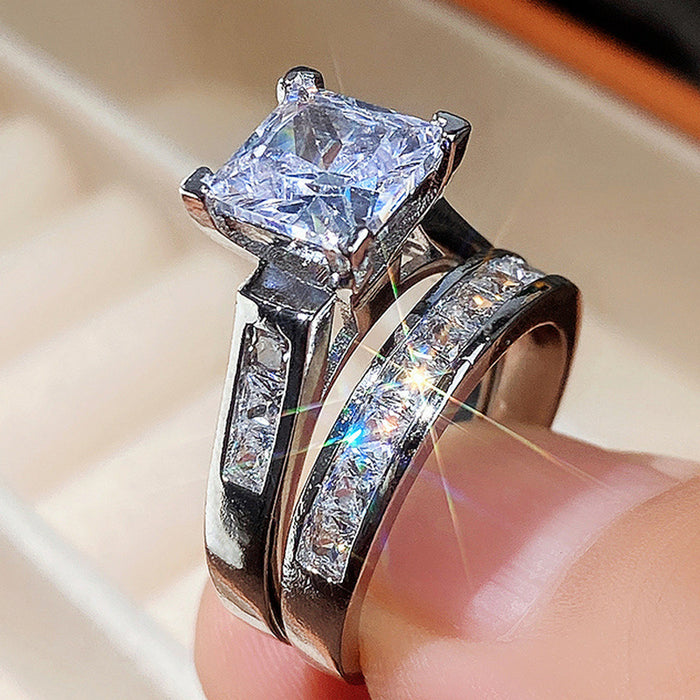 Women's Square Diamond Zircon Couple Ring Set