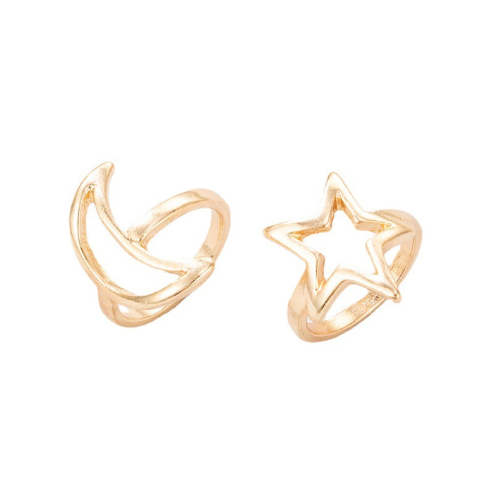 Star and Moon Hollow Geometric Irregular Ring 2-Piece Set