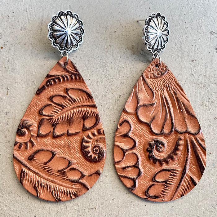 Embossed Leather Earrings with Bohemian Floral Pumpkin Flower Design