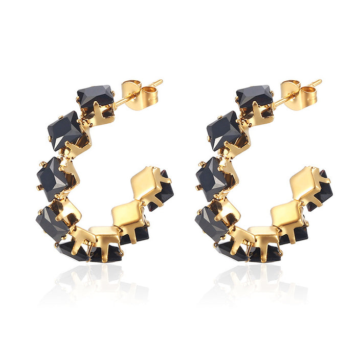 Zircon earrings simple square claw titanium steel stainless steel earrings