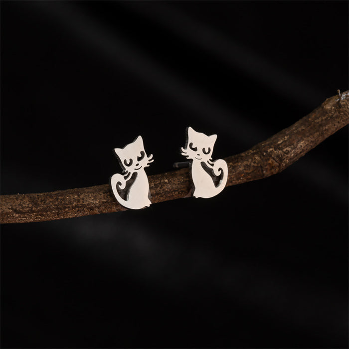 Cat Design Stainless Steel Stud Earrings - Versatile and Playful Jewelry