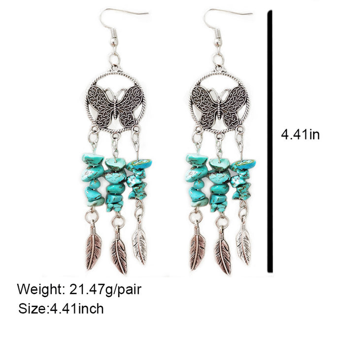 Antique Silver Plated Feather Earrings with Stone and Bohemian Ethnic Style