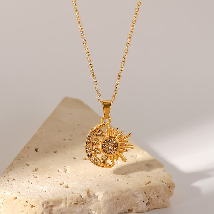 French Style 18K Gold-Plated Stainless Steel Necklace - Bright Moon and Star Pendant with Zircon Inlay