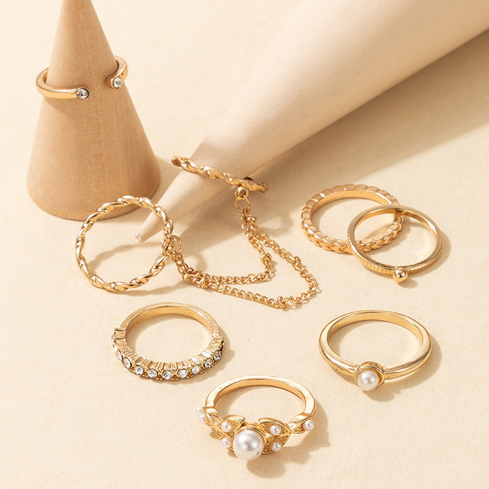 8-piece diamond pearl tassel chain ring set